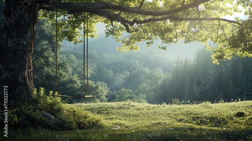 Swing hanging on a tree in the forest #711323773