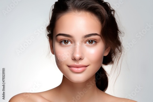 Portrait of a young woman with perfectly smooth skin on a gray background. Facebook building. Concept of cosmetology, skin care, plastic surgery.