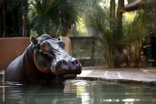 Funny scene: a laid-back hippo occupies your pool. Generative AI