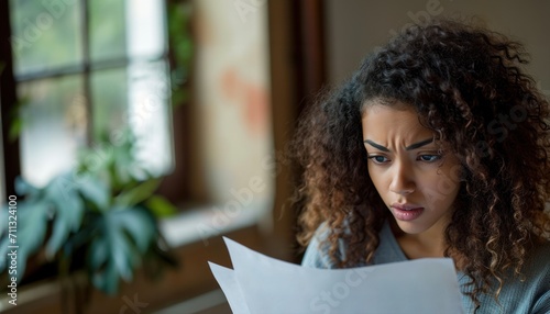 Stressed young curly haired woman reading bill papers, financial difficulties concept photo
