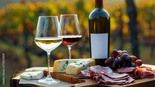 Glasses of wine, cheese and snacks, gourmet picnic in vineyard