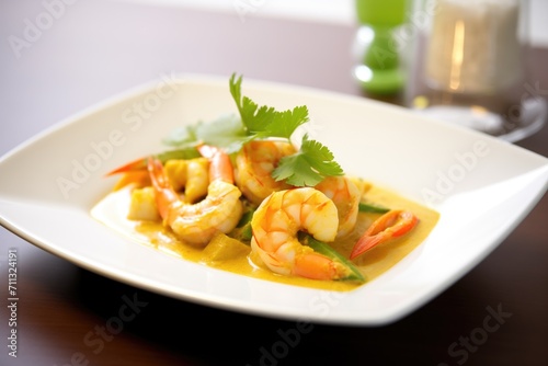 individual prawns in curry sauce, focus on front prawn
