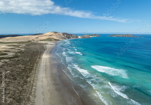 Aerial of beach at Cape Reinga, Northland, New Zealand.
