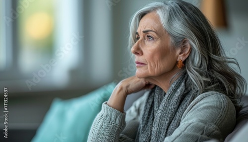 Lonely elderly woman looking sad sits on the sofa at home, grief loss acceptance photo