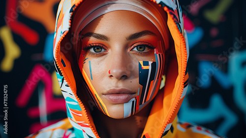 woman, colourful, bold, graffiti, extravagant, makeup, freedom, mural, street art, hip hop, lifestyle, inclusive, 20 years old, 30 years old, ai generated, analog film, art, colorful, looking at camer