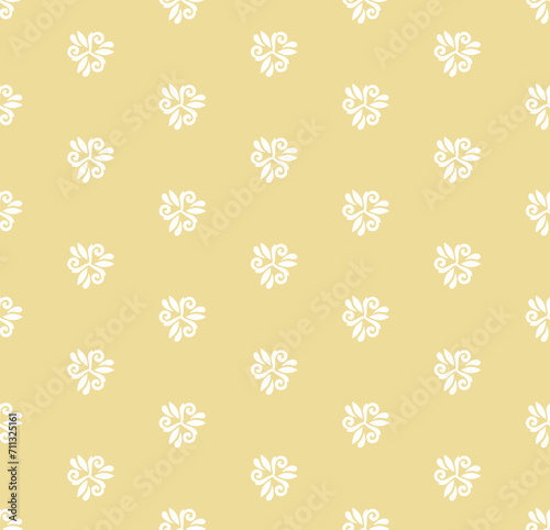 Floral yellow and white ornament. Seamless abstract classic background with white flowers. Pattern with repeating floral elements. Ornament for wallpaper and packaging
