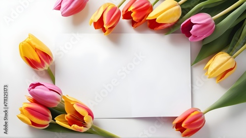 Postcard with a stand blank sheet surrounded by tulips on a white background  ribbon laying aside  template for congratulations on March 8  Valentine s day  women s Day or birthday Generative AI  card