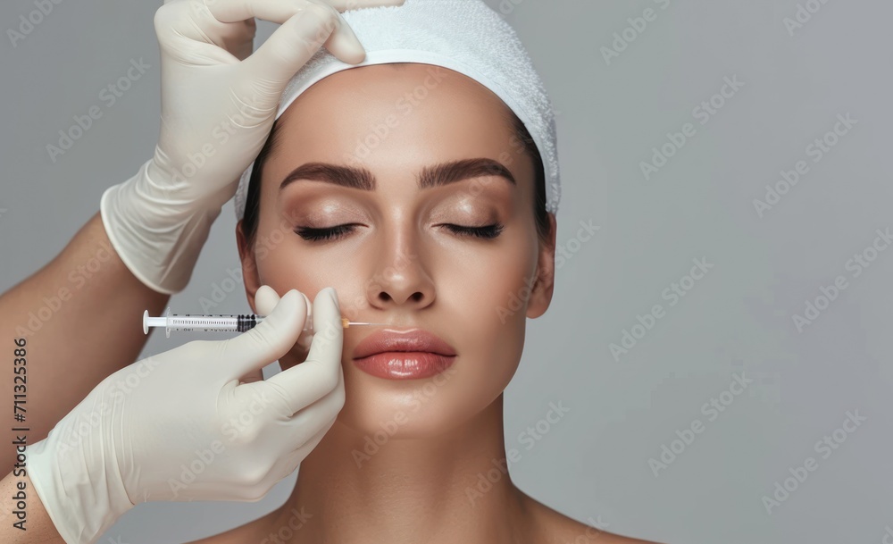 Woman gets beauty facial injections. Mature woman receiving hyaluronic acid treatment. Healthy face skin care beauty, skincare cosmetics, cosmetology concept. Woman gets beauty facial injections. Mature woman receiving hyaluronic acid treatment. Healthy face skin care beauty, skincare cosmetics, cosmetology concept.