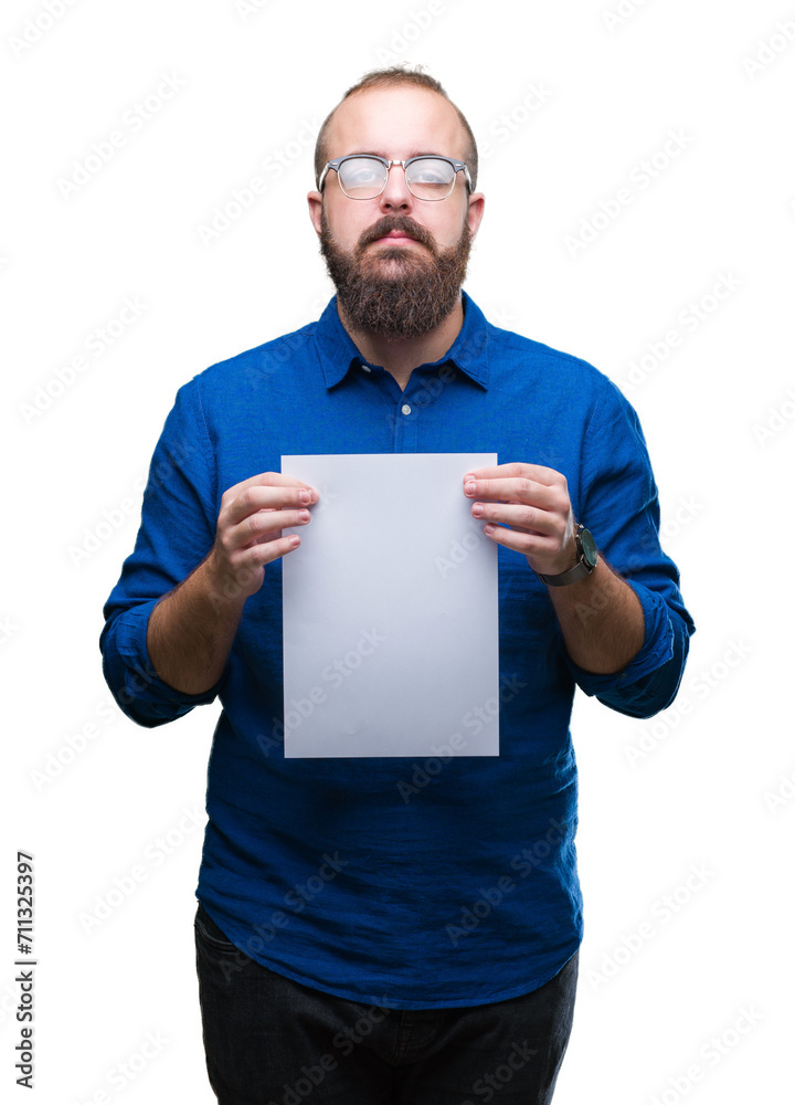 Young hipster man wearing glasses and holding blank paper over isolated background with a confident expression on smart face thinking serious Young hipster man wearing glasses and holding blank paper over isolated background with a confident expression on smart face thinking serious