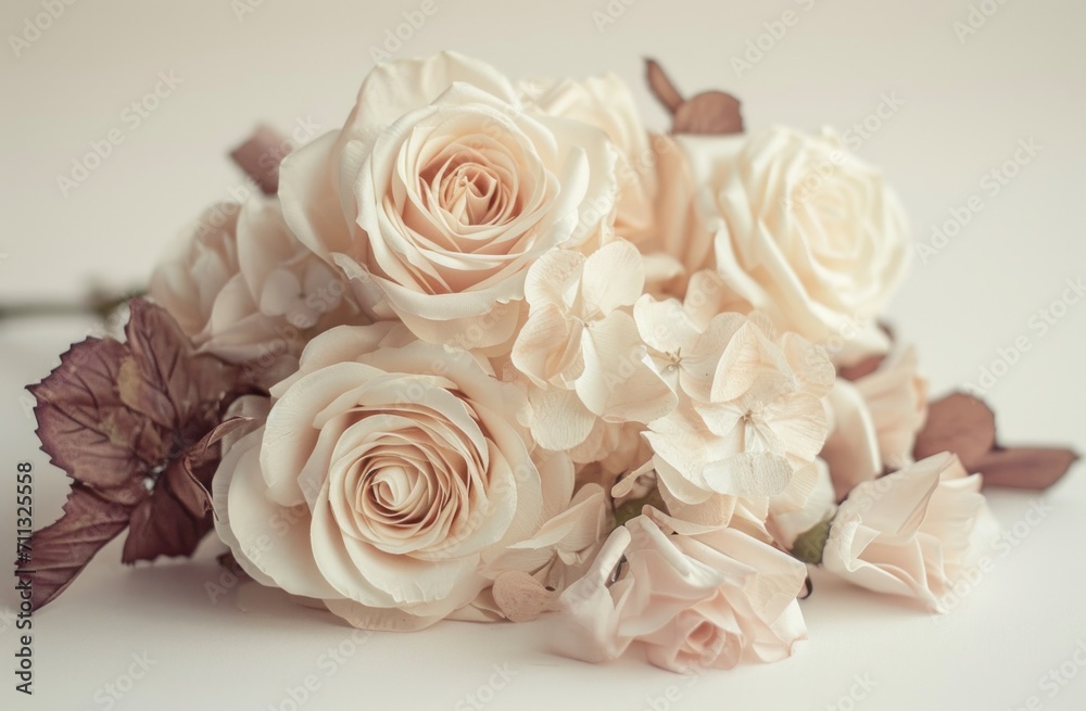 Fototapeta premium vintage bouquet of white roses and paper flowers on white background