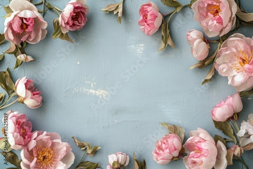 a cardboard frame of pink flowers on a light blue background #711325539