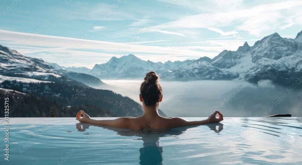 woman in hot tub meditating with mountains in background - obrazy, fototapety, plakaty 