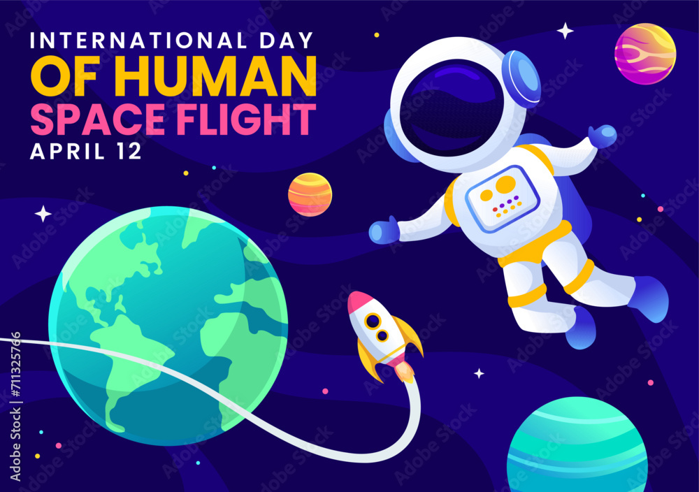 Naklejka premium Human Space Flight Social Media Background Flat Cartoon Hand Drawn Templates Illustration