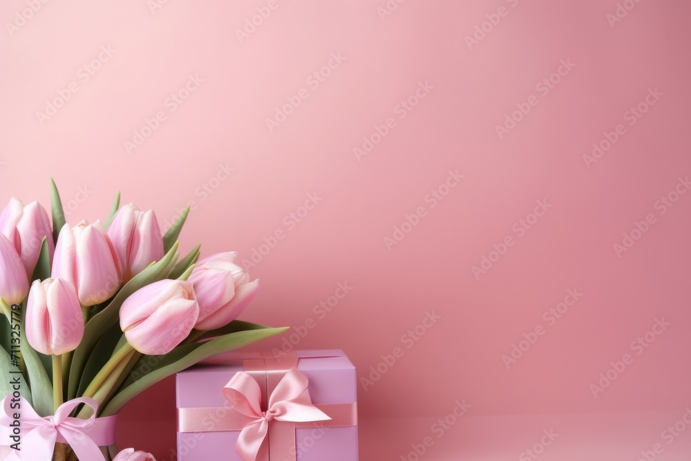 pink tulips and gifts on pink background