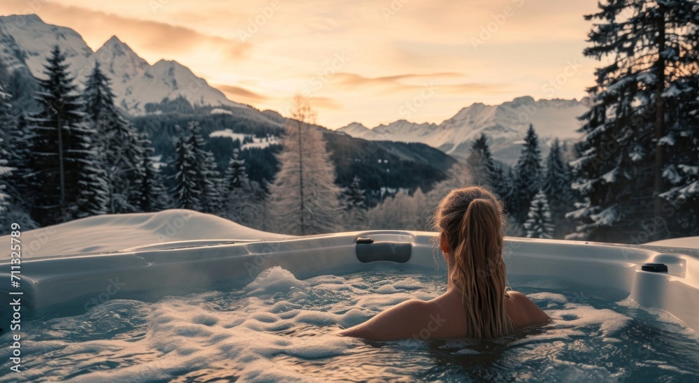 woman enjoys hot tub in winter bsr - obrazy, fototapety, plakaty 