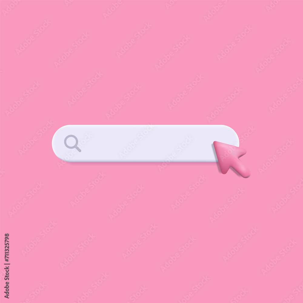 3D search bar element and cursor. Search bar is white and has a grey magnifying glass icon. Pink cursor. 3D search bar element and cursor. Search bar is white and has a grey magnifying glass icon. Pink cursor.