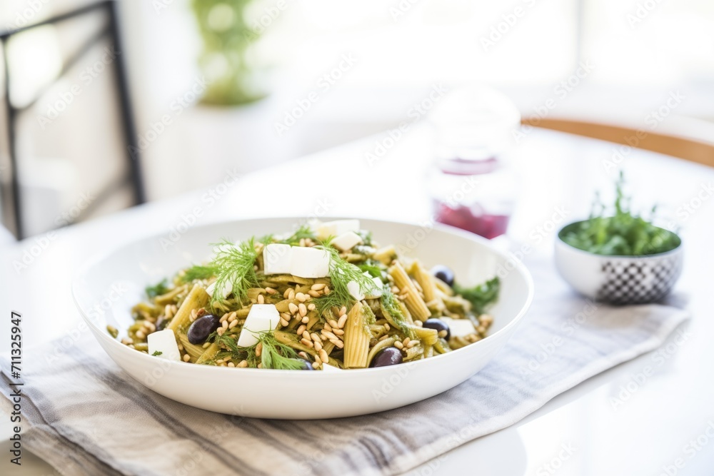 spelt pasta salad with pesto, pine nuts, olives, and feta cheese cubes spelt pasta salad with pesto, pine nuts, olives, and feta cheese cubes