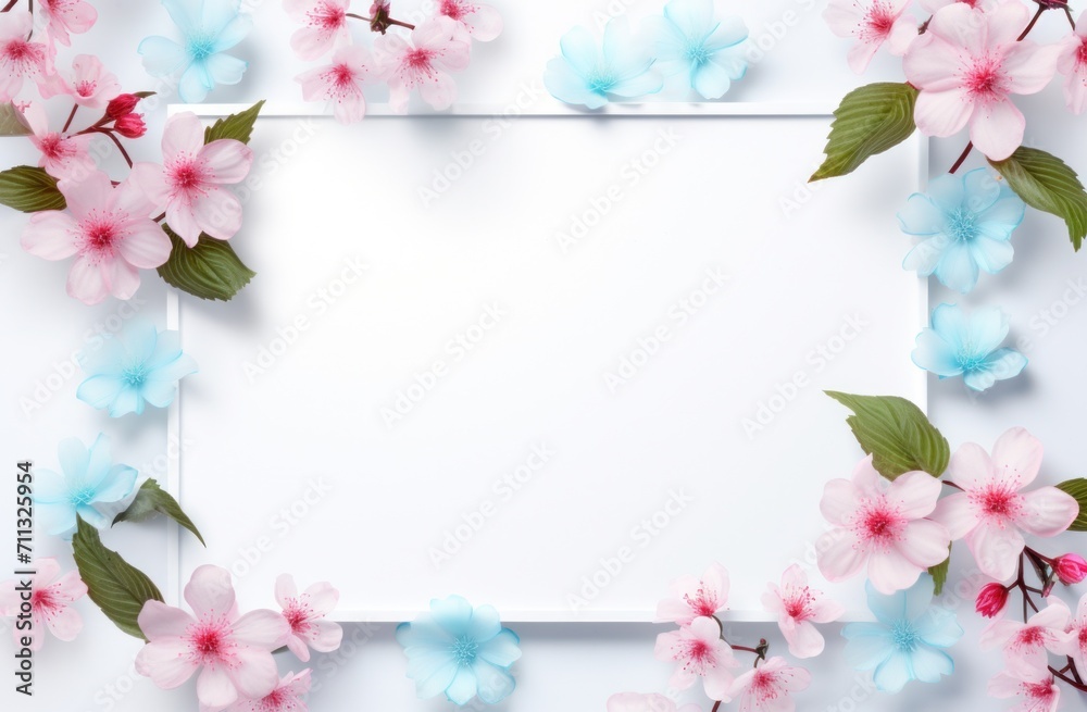 white frame with flowers in it on a blue background