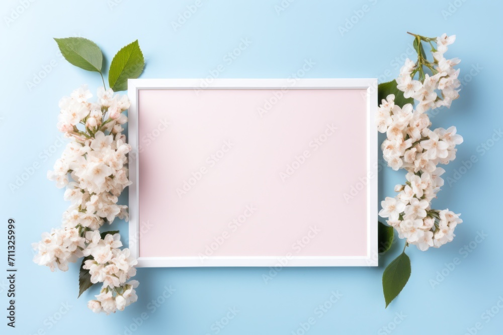 white frame with flowers in it on a blue background white frame with flowers in it on a blue background