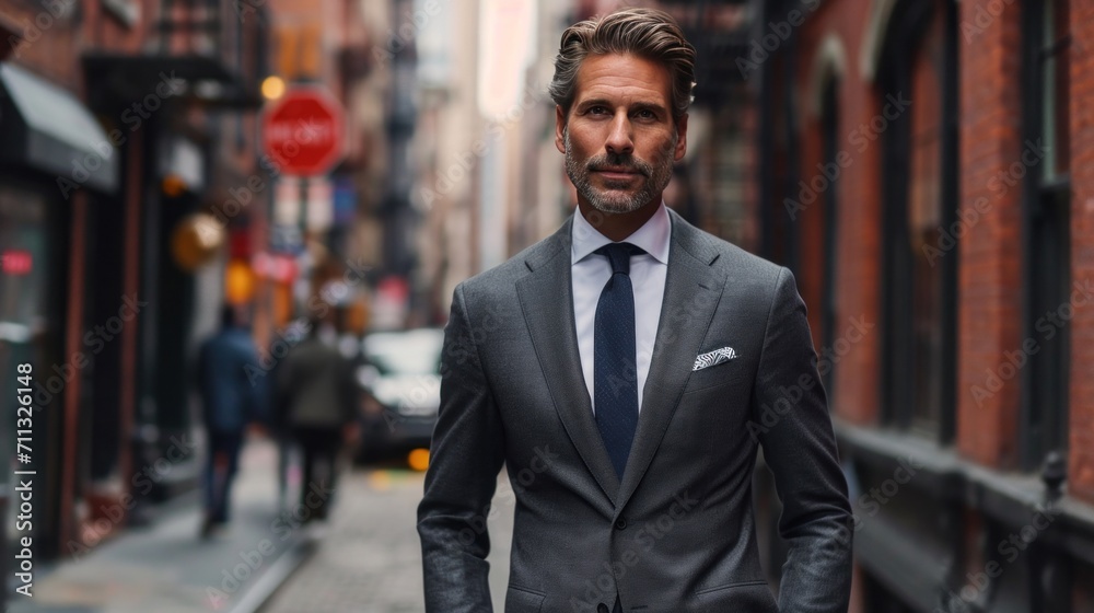 Suited executive gracefully multitasks, proving elegance thrives even in bustling urban environments