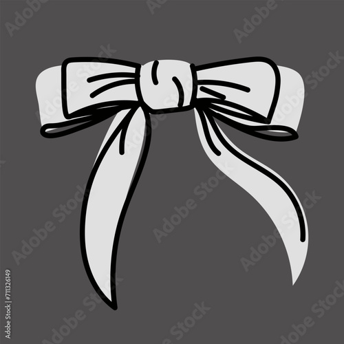 White bow, tie, gift bow, hairpin. Vector illustration, hand-drawn. Individual colorful design elements. Wedding celebration, holiday, party decoration, gift, gift concept. Black white grey. Doodle