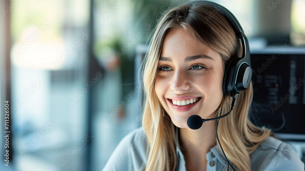 Smiling blonde girl with headphones and microphone on white background. Woman from the support service advises customers in call center. Smiling blonde girl with headphones and microphone on white background. Woman from the support service advises customers in call center.