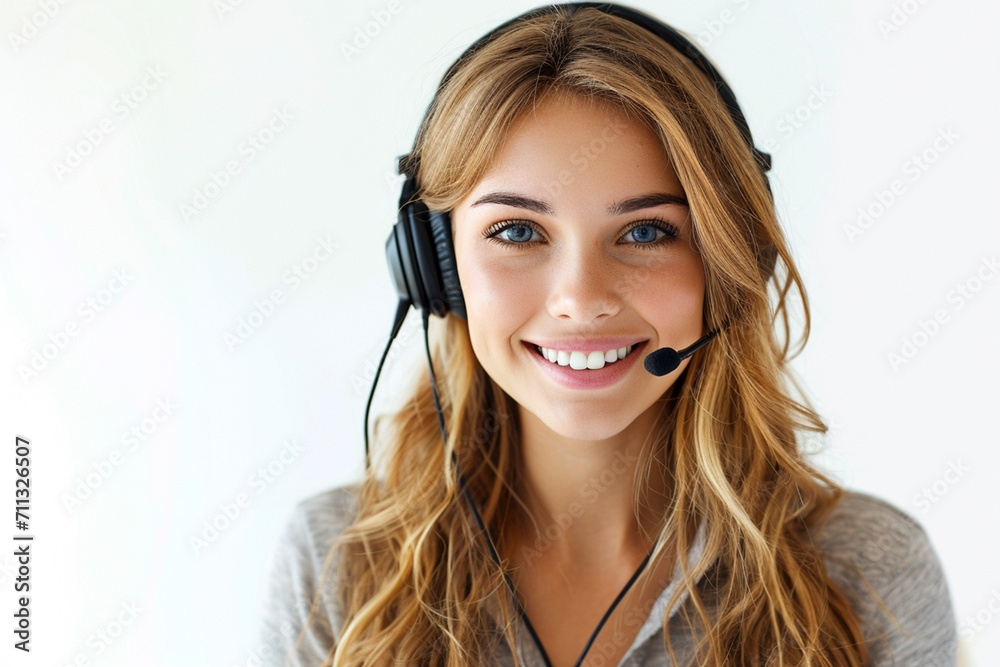 Smiling blonde girl with headset and and headphones on white background. Woman from the support service advises customers in call center. Smiling blonde girl with headset and and headphones on white background. Woman from the support service advises customers in call center.