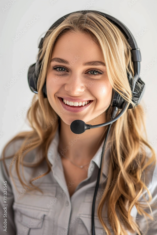 Smiling blonde girl with headset and and headphones on white background. Woman from the support service advises customers in call center. Smiling blonde girl with headset and and headphones on white background. Woman from the support service advises customers in call center.