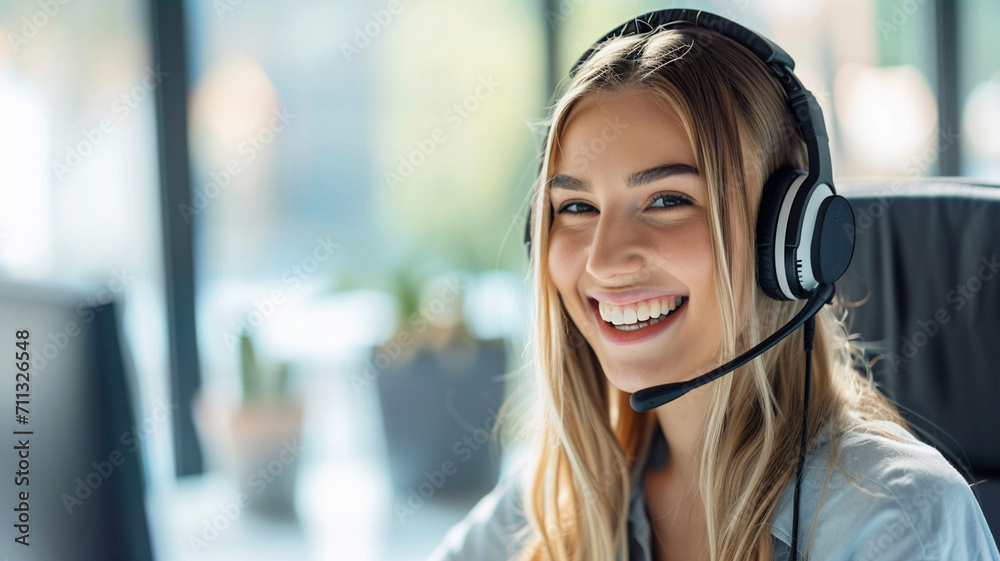 Smiling blonde girl with headphones and microphone on white background. Woman from the support service advises customers in call center. Smiling blonde girl with headphones and microphone on white background. Woman from the support service advises customers in call center.