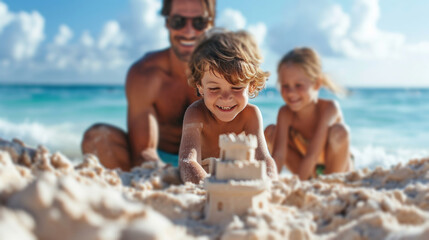 Smiling family building sandcastles, waves echoing their joy on a sunny shore