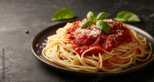 some spaghetti on a plate on a dark background