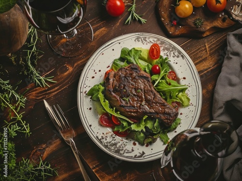 steak and salad on a dining table