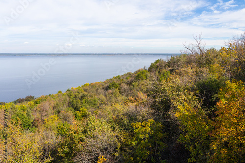 View of the Dnipro River from the high bank of the Trakhtemyriv Peninsula. Ukraine