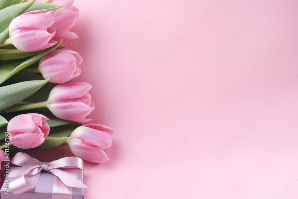 pink tulips and gifts on pink background pink tulips and gifts on pink background