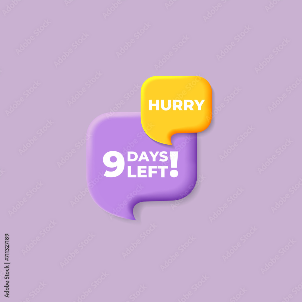 Hurry 9 days left banner sign, chat speech bubble design yellow and purple