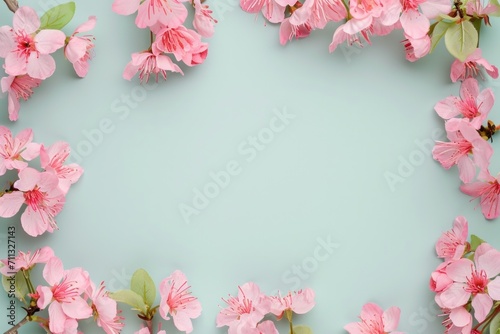 a cardboard frame of pink flowers on a light blue background