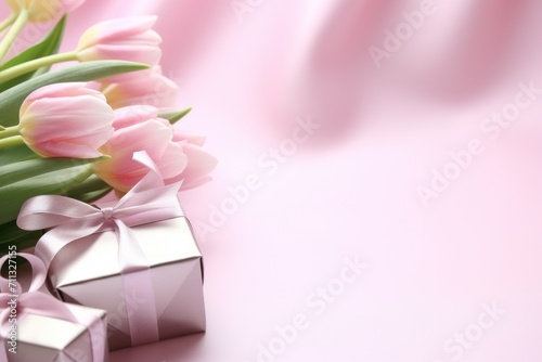 pink tulips and gifts on pink background © ArtCookStudio
