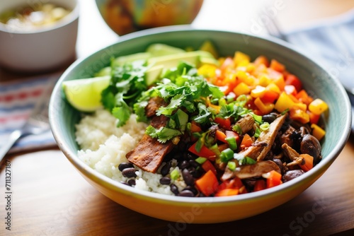 family-style veggie burrito bowl for sharing
