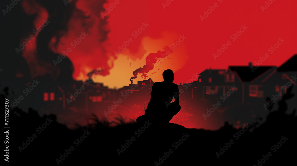 a broken and dilapidated urban landscape, with smoke rising from the buildings, symbolizing poverty. In the foreground, a silhouette of a person hunched over in pain