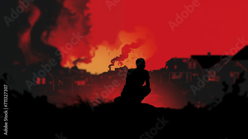 a broken and dilapidated urban landscape, with smoke rising from the buildings, symbolizing poverty. In the foreground, a silhouette of a person hunched over in pain photo