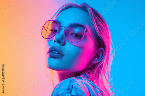 Fashion model brunette woman in colorful bright neon lights posing in studio. Beautiful sexy girl  trendy glowing makeup  High fashion model. High fashion model. woman in colorful bright neon UV blue 