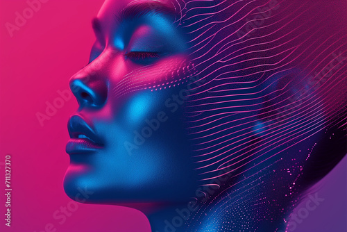 Fashion model brunette woman in colorful bright neon lights posing in studio. Beautiful sexy girl, trendy glowing makeup, High fashion model. High fashion model. woman in colorful bright neon UV blue 