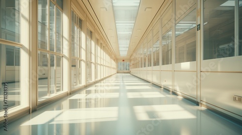 A blurred  atmospheric view of a medical institution s hallway  accentuated by the presence of panoramic windows offering a deep  linear perspective. corridor in modern building