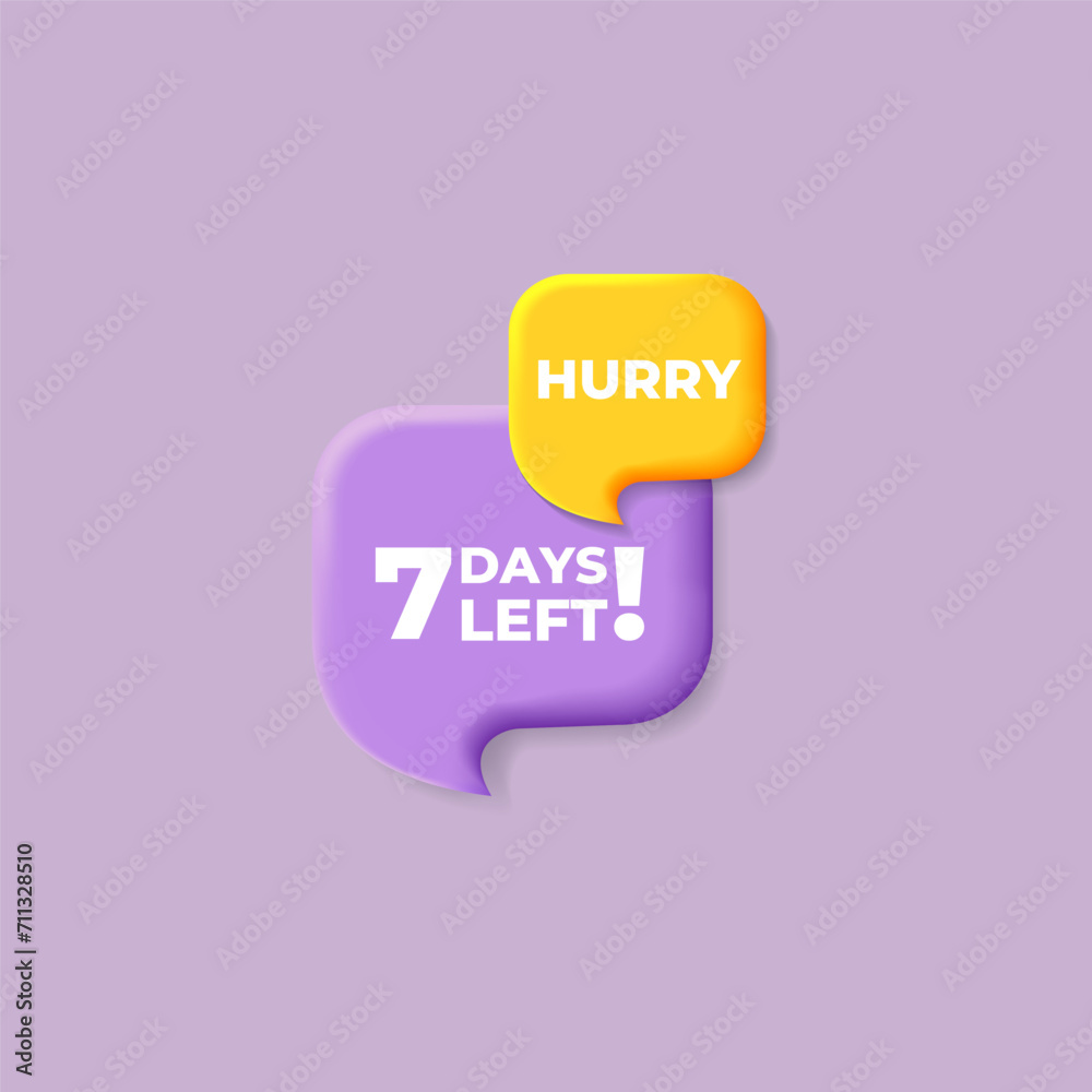 Hurry 7 days left banner sign, chat speech bubble design yellow and purple