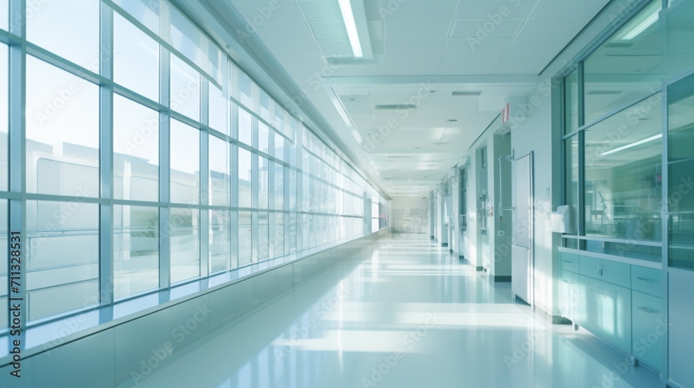 Fototapeta premium A blurred, atmospheric view of a medical institution's hallway, accentuated by the presence of panoramic windows offering a deep, linear perspective. corridor in modern building