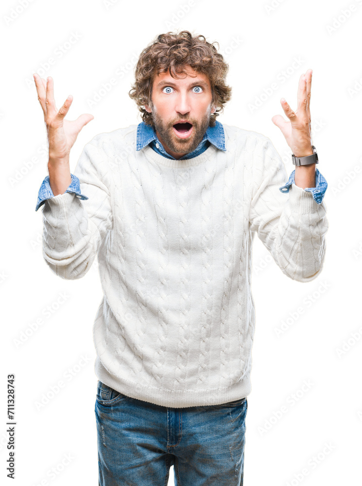 Handsome hispanic man model wearing winter sweater over isolated background celebrating crazy and amazed for success with arms raised and open eyes screaming excited. Winner concept Handsome hispanic man model wearing winter sweater over isolated background celebrating crazy and amazed for success with arms raised and open eyes screaming excited. Winner concept