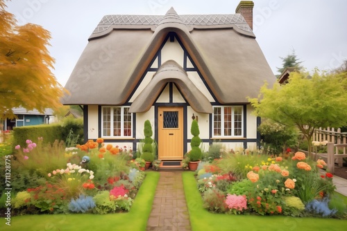 traditional tudor thatch roof house with garden