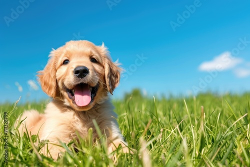 Playful puppy in a grassy field with a bright blue sky photo