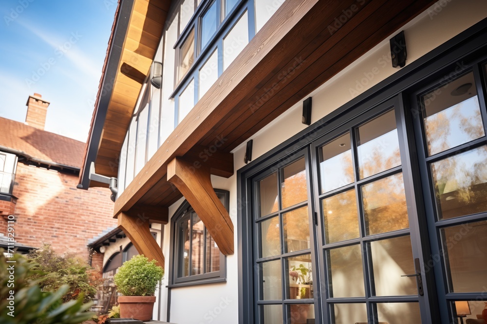 Fototapeta premium closeup of mixed materials where tudor meets modern extension