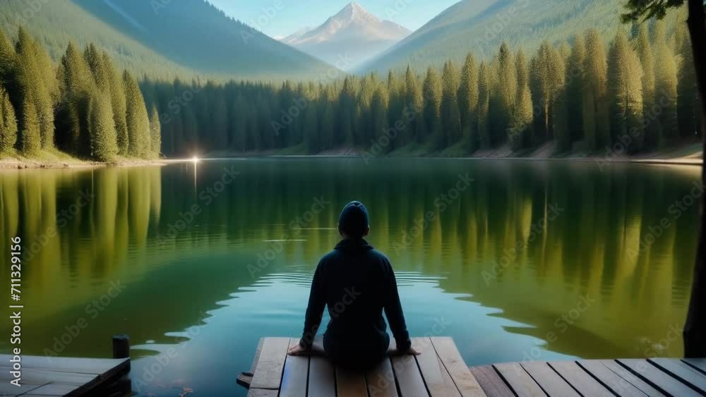 Enjoying majestic view sitting near lake and mountains. Getting away from it all. Loopable. AI generated